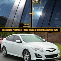8 vnt. automobilio statramsčio stulpeliai, skirti Mazda 6 GH1 Liftback sportiniam hečbekui, 2008–2012 m. blizgūs juodi durų langų apdailos dangtelių lipdukai.