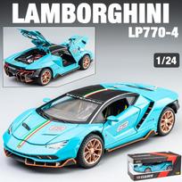 1/24 skalės „Lambo LP770-4 Diecast“ automobilio modelio žaislas, patraukiama atgal žaislinė transporto priemonė su garsu ir šviesa, skirta vaikams, mažiems berniukams, mergaitėms, dovanų kolekcija 1/24-21x9x5.1cm mėlyna