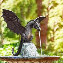 Sodo drakono statulos fontanas, drakono ornamentas, dervos vandens ypatybė, skulptūra