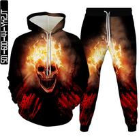 Vyriški sportinio kostiumo rinkiniai Hip Hop Punk Skull Fire 3D spausdinti gobtuvai Bėgiojimo kelnių kostiumas Aukštos kokybės moteriški gatvės drabužiai plius dydžio S-6XL 4XL