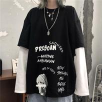 Harajuku vintažiniai marškinėliai ilgomis rankovėmis Streetwear netikri dviejų dalių moteriški rudeniniai korėjietiški mados raštai kratiniai marškinėliai Kpop drabužiai M juoda