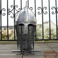 Plieninis viduramžių normanų vikingų riterio šalmas su grandininio pašto kopija HK