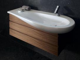 ALESSI ONE baldinis praustuvas 90 x 50/35 cm, su anga maišytuvui, lentynėlė kairėje, baltas su LCC