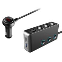 QC3.0 automatinio lizdo žiebtuvėlio skirstytuvas, 12 V / 24 V 3 lizdų 120 W DC maitinimo automobilinis adapteris su LED voltmetro pagrindiniu jungikliu, 8,5 A 4USB greiti lizdai, nepriklausomas įjungimas / išjungimas 130x5.8x3 juoda
