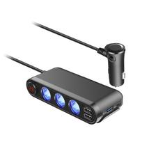 Automatinio lizdo žiebtuvėlio skirstytuvas, 3 lizdas, 200 W automatinio lizdo žiebtuvėlio adapteris su 20 W PD3.0 USB C automobiliniu įkrovikliu, 18 W QC3.0 voltmetro jungiklio išvestis 12 V / 24 V 13.8x6.6x3 juoda
