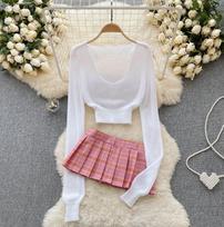 Sweet JK Uniform Erotiniai kostiumai Moteriški viršutiniai V formos iškirptė ilgomis rankovėmis + trumpų klostuotų sijonų komplektas Moteriškas Preppy Style Pled Sexy apatinio trikotažo rinkiniai 2024 m. One Size rožinė/balta