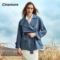 Cinemore rudeninis vidutinio ilgio paltas moterims Laisvalaikio vėjo striukė su dvigubu atvartu su diržu, vėjui atsparus elegantiškas moteriškas paltas S mėlyna