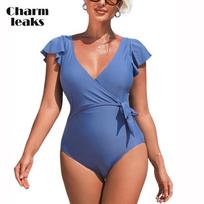 „Charmleaks One Piece“ maudymosi kostiumėlis V kaklu, kaklaraištis priekyje „Ruched“ S-XL maudymosi kostiumėlis S mėlyna