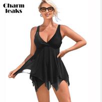 Charmleaks Moterų Tankini Vienspalvių maudymosi kostiumėlių plaukimo rinkiniai Pečių dirželiai V kaklo netaisyklingo hemline maudymosi kostiumėlis M juoda