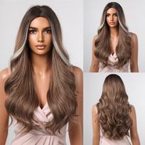 EASIHAIR Long Brown Ombre sintetiniai perukai moterims Vidurinės dalies banguoti Cosplay perukai Natūralių plaukų perukas Karščiui atsparus pluošto perukas