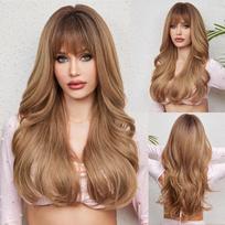 HAIRCUBE Ilgas banguotas rudas Ombre sintetinis perukas Natural Wave perukas su kirpčiukais juodoms moterims, karščiui atsparus kasdienio naudojimo Cosplay perukas