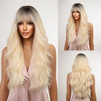 Ilgi banguoti sintetiniai perukai Šviesiai auksiniai blondinai Ombre perukas su kirpčiukais Natural Wave Perukai moterims Kasdieniai Cosplay karščiui atsparūs plaukai