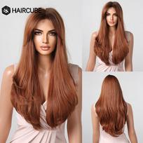 HAIRCUBE Ilgi tiesūs nėriniai priekiniai sintetiniai perukai Raudonai rudi vario imbiero perukai moterims su kirpčiukais Kasdieniai karščiui atsparūs perukai