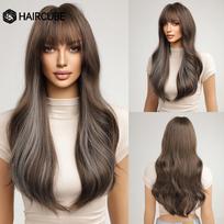 HAIRCUBE Ilgi rudi mėlyni paryškinti banguoti sintetiniai perukai Natūralių plaukų perukas moterims Kasdieniai karščiui atsparūs netikri plaukai su kirpčiukais beige