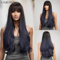 LOUIS FERRE Long Wave Ombre juodi mėlyni perukai su kirpčiukais juodoms moterims Natūralus sintetinis perukas vakarėliui, kasdienis karščiui atsparus perukas