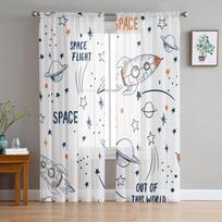 Raketa skraidanti animacinių filmų visata erdvė Baltas tiulis permatomo lango užuolaidos svetainei miegamojo Voile organza užuolaidos užuolaidos W135 x H115cm x1