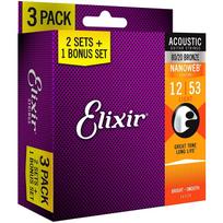 3 KOMPLEKTŲ SKYGŲ PAKUOTĖ AKUSTINEI GITARAI ELIXIR 16539 80/20 BRONZE WITH NANOWEB COATING