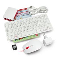 Desktop Kit oficialus rinkinys su korpusu, raudona ir balta klaviatūra ir pele Raspberry Pi 5