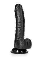 Lenktas tikroviškas dildo su kamuoliukais ir siurbtuku, 18 cm, juodas