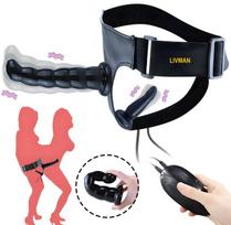 Realistiškas dėvimas dvigubas dildo (Strap-On) DY005 abiem lytims su reguliuojamu elastiniu diržu ir vibracijos valdymu