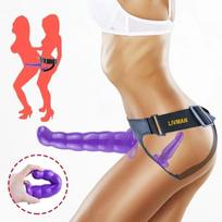 Realistiškas dėvimas dvigubas dildo (Strap-On) DY005 abiem lytims su reguliuojamu elastiniu diržu ir vibracijos valdymu