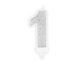 Gimtadienio žvakutė Skaičius 1, sidabrinė, 7 cm, 1 vnt.