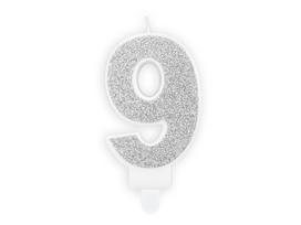 Gimtadienio žvakutė Skaičius 9, sidabrinė, 7 cm, 1 vnt.