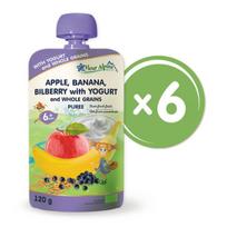 „Obuolių, bananų, ir mėlynių su jogurtu" ekologiška tyrelė FLEUR ALPINE, nuo 6 mėn.,120 g x 6 vnt