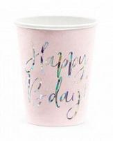 Vienkartiniai puodeliai rožiniai Happy Birthday 220 ml, 6 vnt