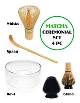 Matcha rinkinys KM4PC. Matcha stiklinis dubuo + bambukinė šluotelė + šaukštelis + šluotelės laikiklis