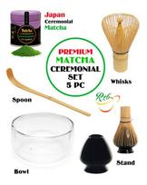 MATCHA RINKINYS - Matcha Japan Ceremonial (Kyoto), 40g + Whisks (Bambukinė šluotelė) + Spoon (šaukštelis) + Stand (šluotos laikiklis) + bowl (dvigubas stiklinis dubuo).