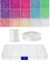 Siūlų ir stiklinių apvalių karoliukų (biserio) 12/0 RainBow® 15 pastelinių spalvų po 10 g rinkinys su dėžute