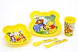 Indų rinkinys Iš 5 dalių. (lėkštė, dubuo, viršus, šaukštas, šakutė)