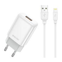 Jellico EU01 USB 12W universalus adaptyvus USB įkroviklis 1x USB 2.4A (5-12V) + Lightning laidas, baltas