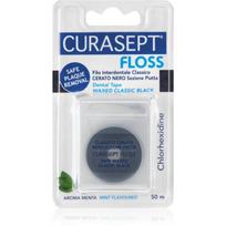 Curasept Dental Tape Waxed Classic Black vaškuota tarpdančių juostelė su antibakterinėmis sudedamosiomis dalimis Mint 50 m