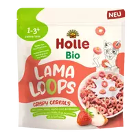 Ekologiški LAMA LOOPS traškūs obuolių-braškių skonio sausi pusryčiai| Holle (125 g)