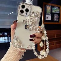 Bling Glitter Diamond Camellia gėlių dirželio dėklas, skirtas Samsung S24 S23 S22 Ultra S20 S21 FE A14 A24 A34 A54 A13 A23 A33 A53 A52 A32 / Redmi 12 12C 10 9 Samsung Z flip 5 balta