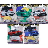 Hot Wheels Premium World Tour Car Culture Modeliukų rinkinys (Volkswagen Golf MK7,Alfa Romeo GTV 6,Audi S4 Quattro,Volkswagen Brasilia,1982 Toyota Supra)