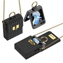 Crossbody Odinės piniginės kortelės dėklas, skirtas Samsung Galaxy Z Flip 4 3 5 5G Flip5 Flip4 Metalinis ilgas dirželis ant peties krepšio kišenės For Samsung Z Flip3 juoda