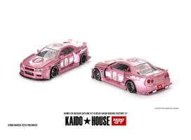 IŠPAKUOTAS!!! Mini GT Kaido House Modeliukas 1/64 1999 Nissan Skyline GT-R (R34) Kaido Racing Factory V1, pink