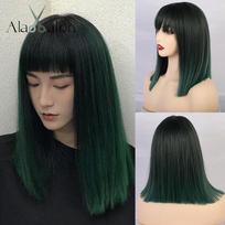 ALAN EATON Moteriški vidutiniai tiesūs sintetiniai perukai Aukštos temperatūros plaukams su kutais/kirpčiukais Mix Green Black Bobo Lolita Cosplay perukas