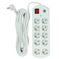 Buitinis ilgiklis 10m, 10 lizdų, 2x USB, su jungikliu