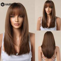 HAIRCUBE Ilgi tiesūs rudi sintetiniai perukai moterims natūraliems plaukams tamsių šaknų perukai su kirpčiukais Karščiui atsparūs perukai.