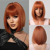 Trumpi tiesūs sintetiniai perukai Ginger Brown Bob perukai su kirpčiukais moterims Cosplay Daily Natural Hair Perukas Karščiui atsparus pluoštas