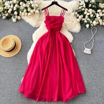 France Vintage Elegant Dress Women Summer Pleat Design Sense Immortal Gas Waist Hugging Light Luxury High Sense Long Dress S raudona