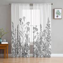 Vintage Herb Black Lines Tulle Curtains Balcony Room Fashion Printed Sheer Curtain Living Room Window Modern Decor 135W x 114H(cm)