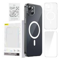 Telefono dėklas Baseus Magnetic Crystal Clear, skirtas iPhone 13 (skaidrus) su viso grūdinto stiklo ekrano apsauga ir valymo rinkiniu