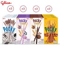 Glico Pocky Laimės rinkinys, Biskvitiniai lazdelės, padengtos pieniška matcha ir mėlynių jogurtu, šokoladu su migdolais ir riešutų-migdolų skonio, iš viso 12 vnt. 12 pcs
