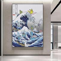 medžio masyvo rėmo drobės tapyba Didžioji banga nuo Kanagawa VS Pokemon Pikachu Plakatai Japonijos anime Sienų menas Nuotraukos Freska Namų dekoras 15*20cm(with frame)