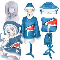 Anime Hololive Gawr Gura Cosplay ENG Ryklio Džemperis su Uodega Kostiumai Deguisement Mergaitė Miela Ryklys Helovino Vakarėlis Pilnas Komplektas L-(Costume+Wig)